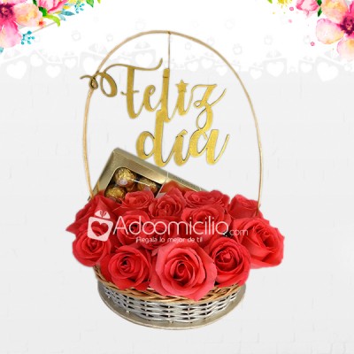 Canasta Encantada Dia de la Mujer Canasta de Rosas con Chocolates Ferrero x 8 A Domicilio En Cali Pedido Con Un Día De Anticipación 